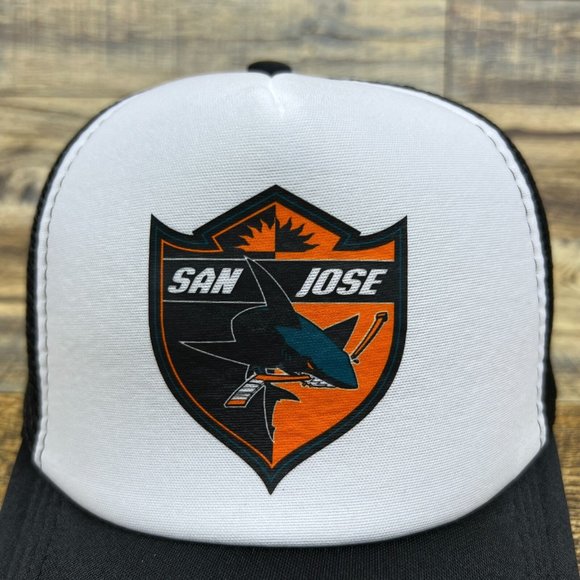 San Jose Sharks Mens Trucker Hat Black Snapback Retro Logo Hockey Baseball Cap - Picture 3 of 8